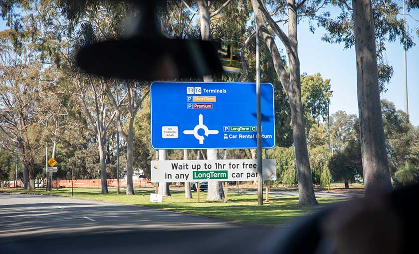 T3 T4 directional signage from passenger view of a car